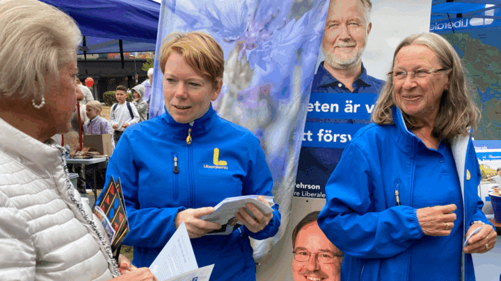 Liberalernas tält på Tyresöfestivalen 2025 med besökare i Stadsparken