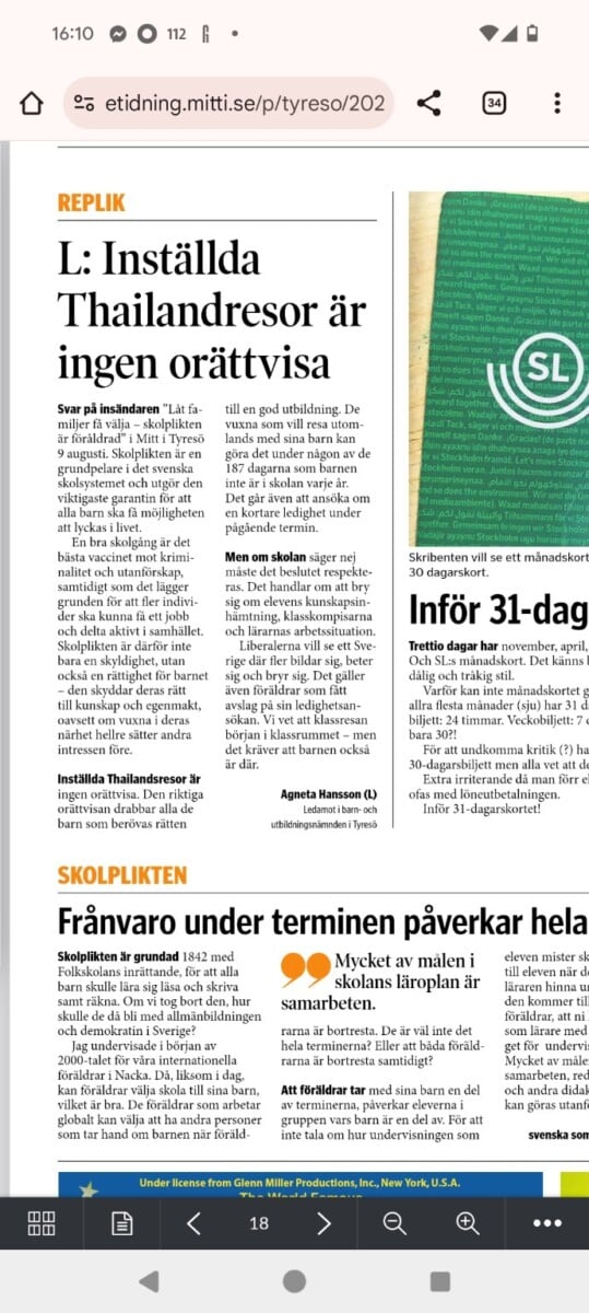 Agneta Hansson (L) försvarar skolplikten i Tyresö
