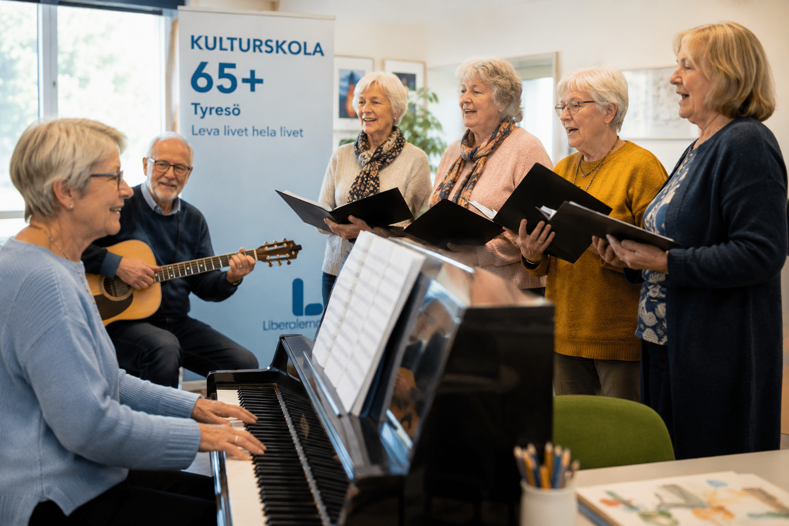 Äldre personer sjunger i kör inom Liberalernas förslag om Kulturskola 65+ i Tyresö.