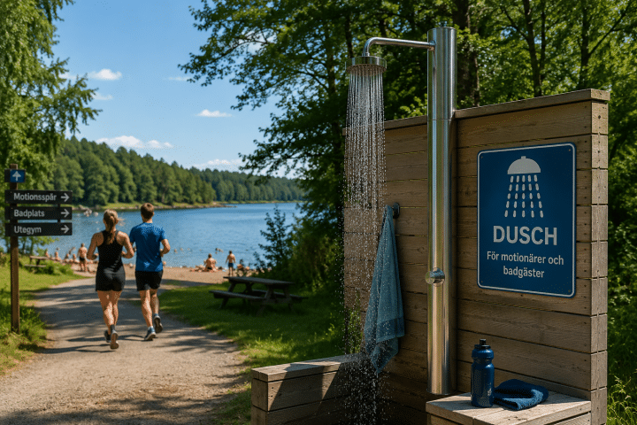 Duschmöjlighet för motionärer och badgäster i Alby friluftsområde.