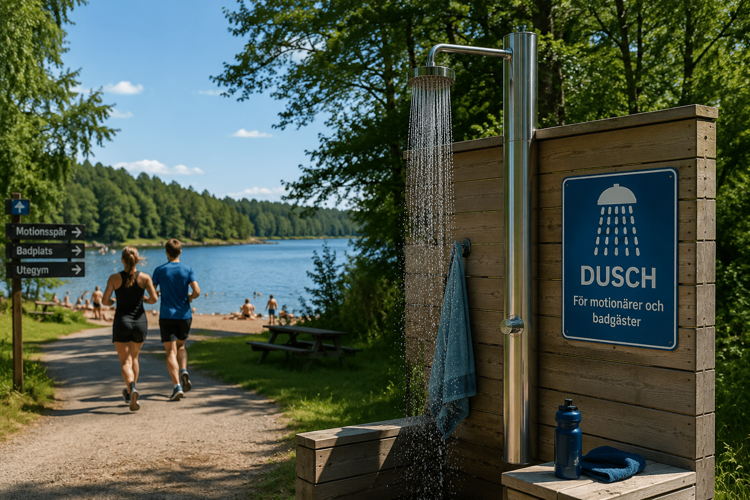 Duschmöjlighet för motionärer och badgäster i Alby friluftsområde.