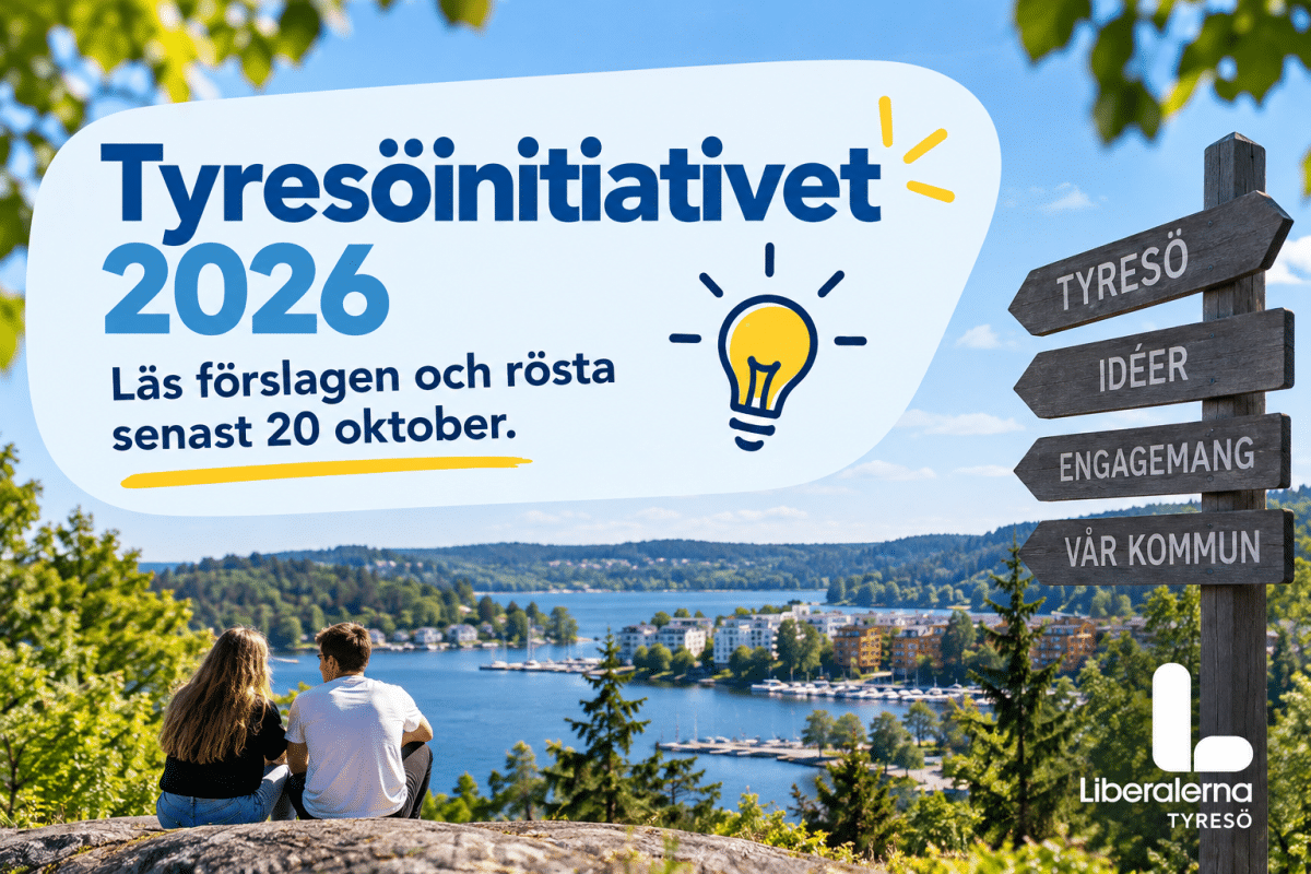 Tyresöbor vid vattnet i Tyresö, med information om omröstningen i Tyresöinitiativet 2026