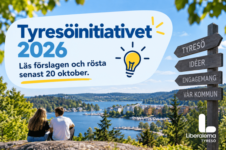 Tyresöbor vid vattnet i Tyresö, med information om omröstningen i Tyresöinitiativet 2026